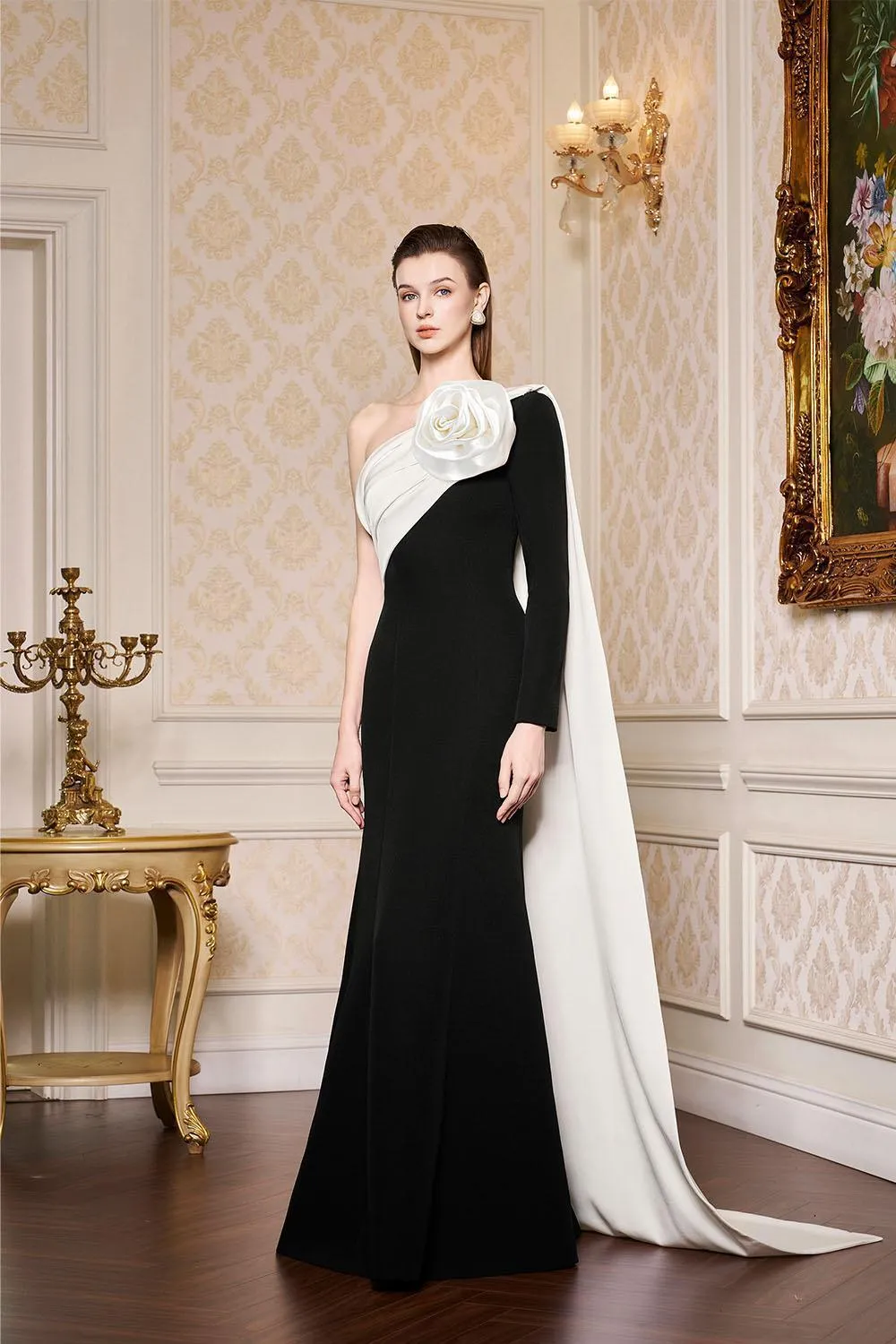 Emelia Mermaid Asymmetric Sleeved Scuba Floor Length Dress