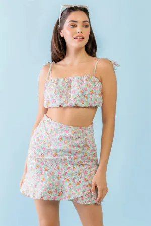 Floral Cotton Crop Top High Waist Mini Skirt Set