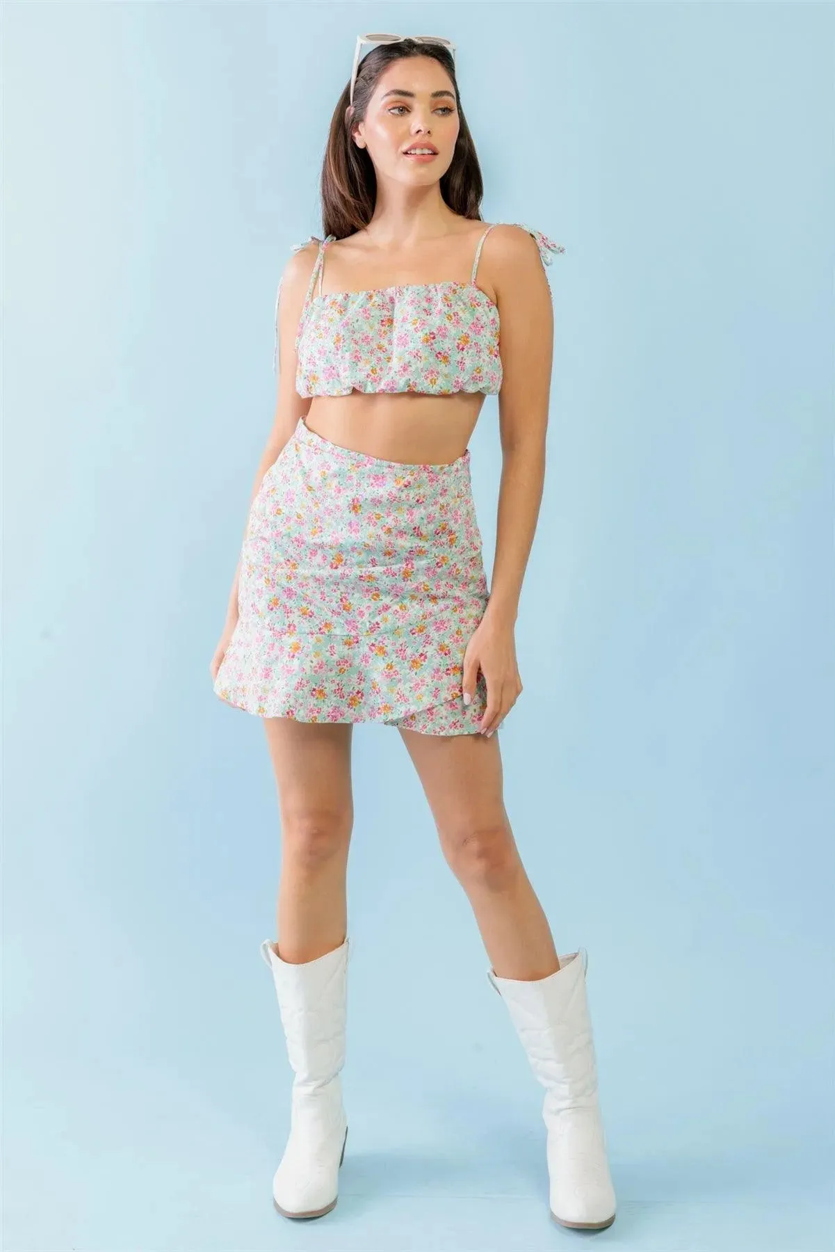 Floral Cotton Crop Top High Waist Mini Skirt Set