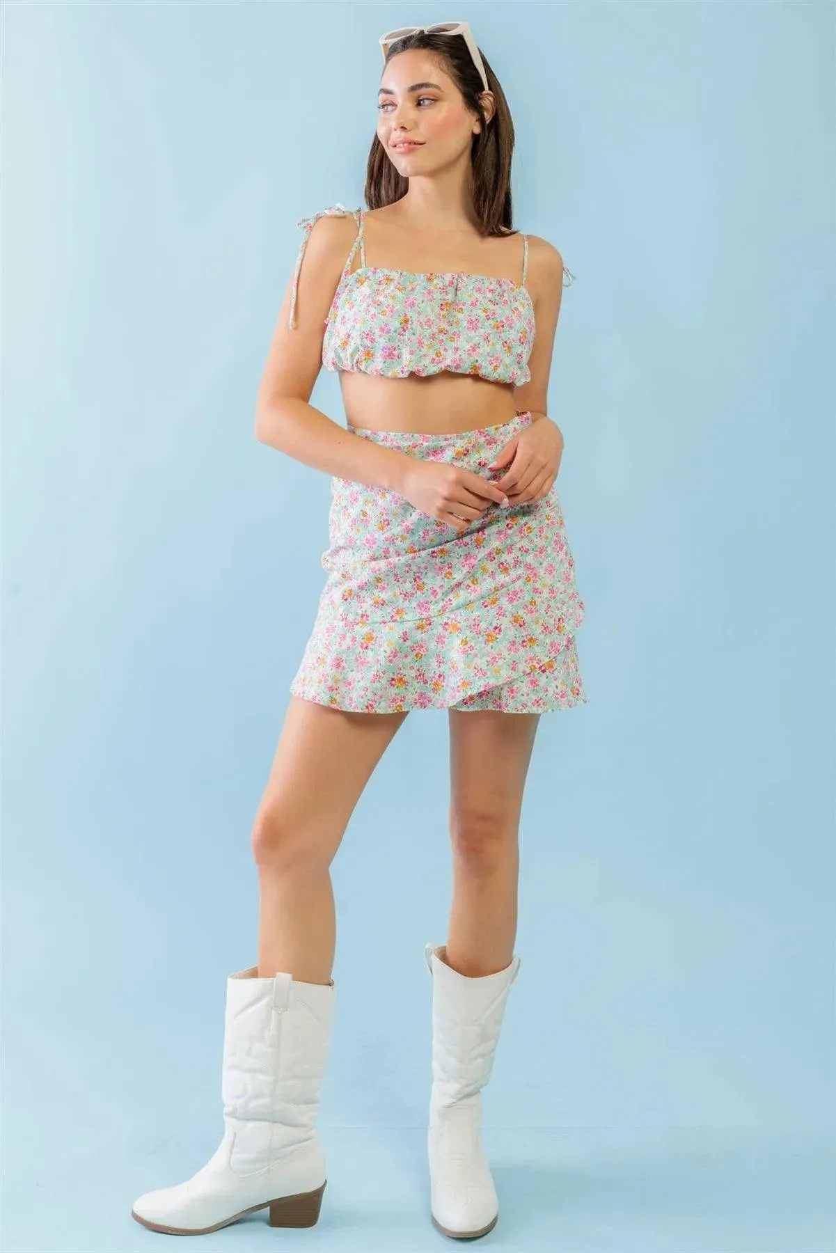 Floral Cotton Crop Top High Waist Mini Skirt Set