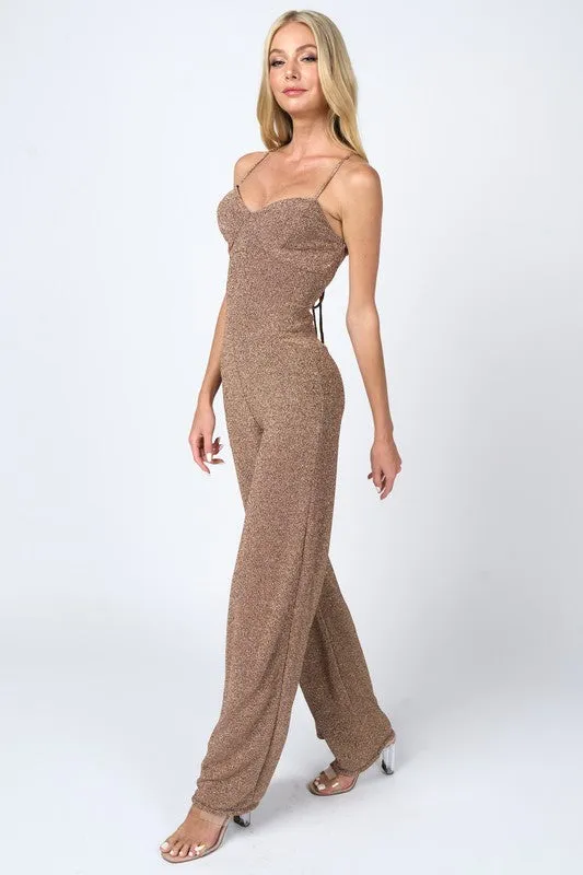 Gold Metallic Lurex Glitter Drawtring Widelegs Jumpsuit