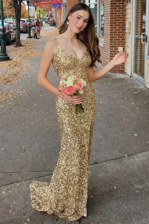 Gold Sequin Backless Mermaid V-Neck Long Formal Dresses