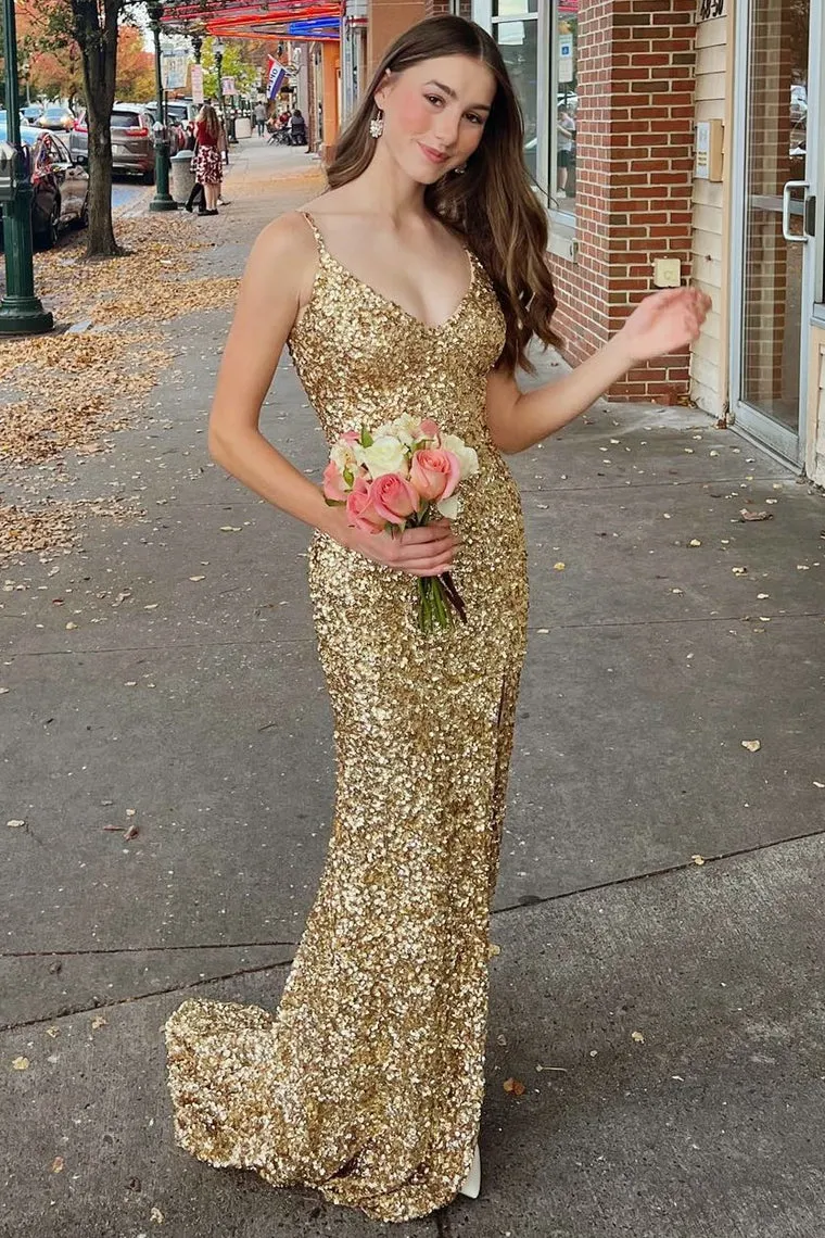 Gold Sequin Backless Mermaid V-Neck Long Formal Dresses