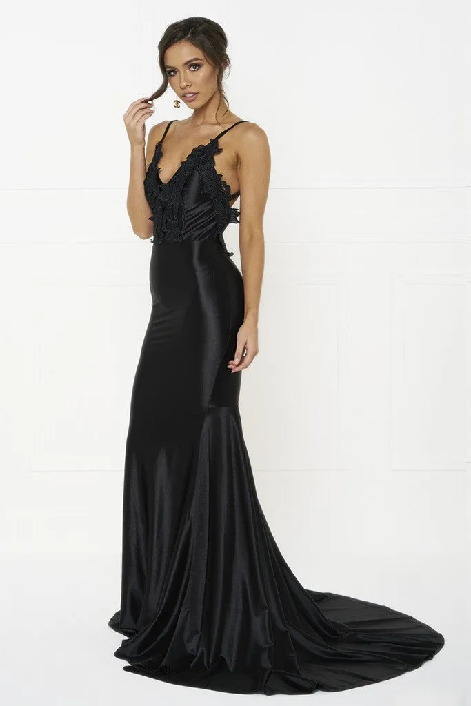 Honey Couture PENELOPE Black Applique Formal Gown Dress
