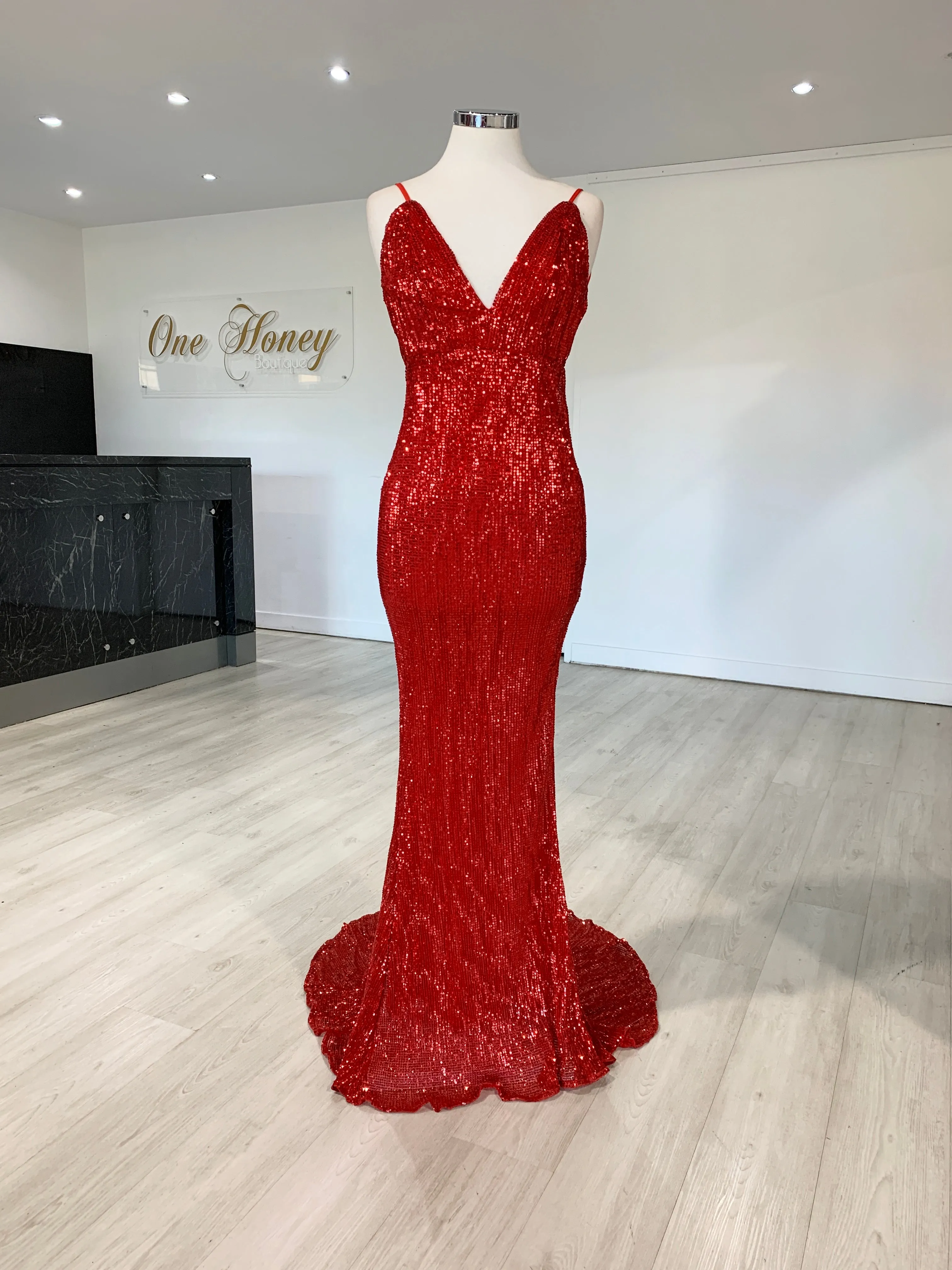 Honey Couture ROSALIE Red Low Back Sequin Formal Gown Dress