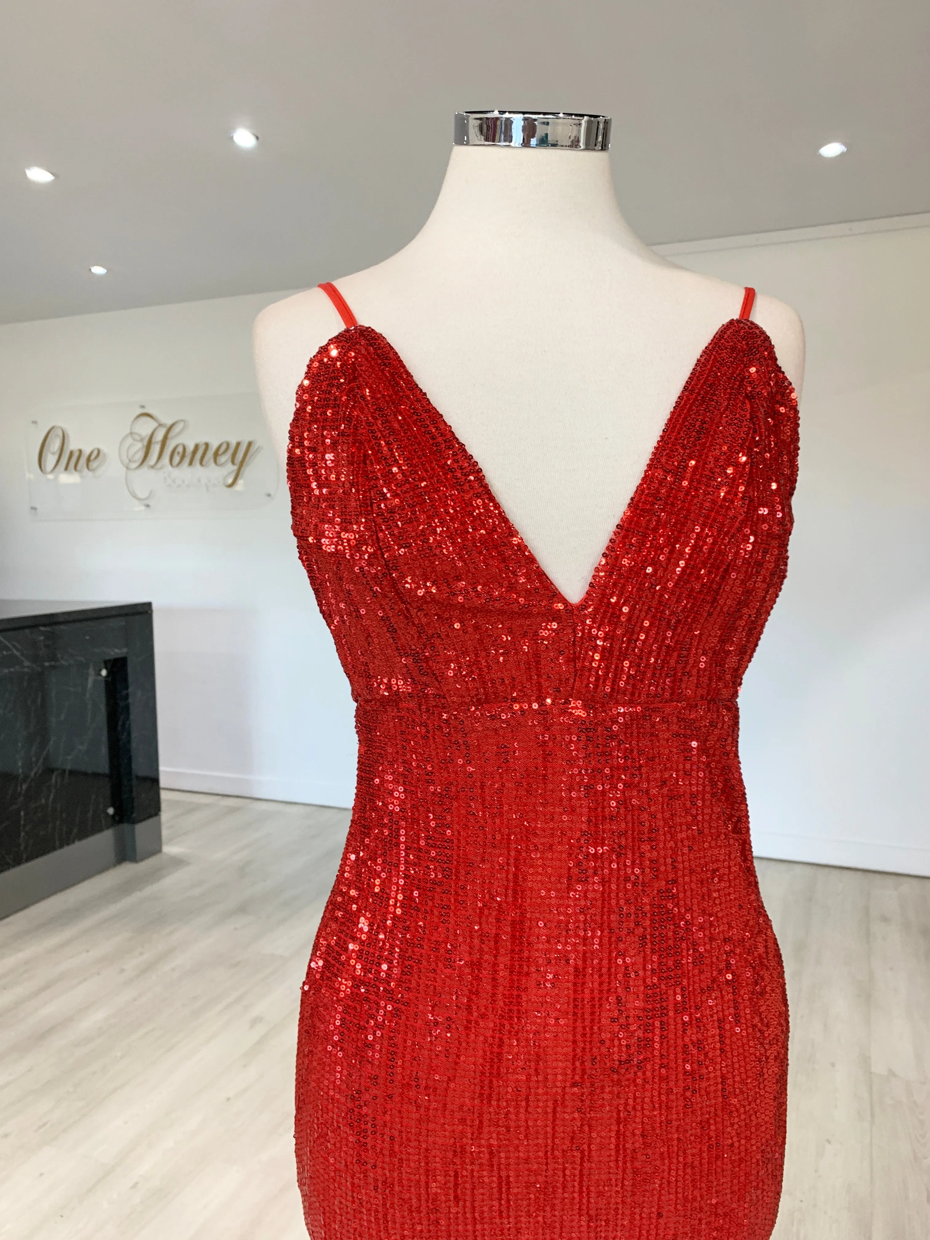 Honey Couture ROSALIE Red Low Back Sequin Formal Gown Dress