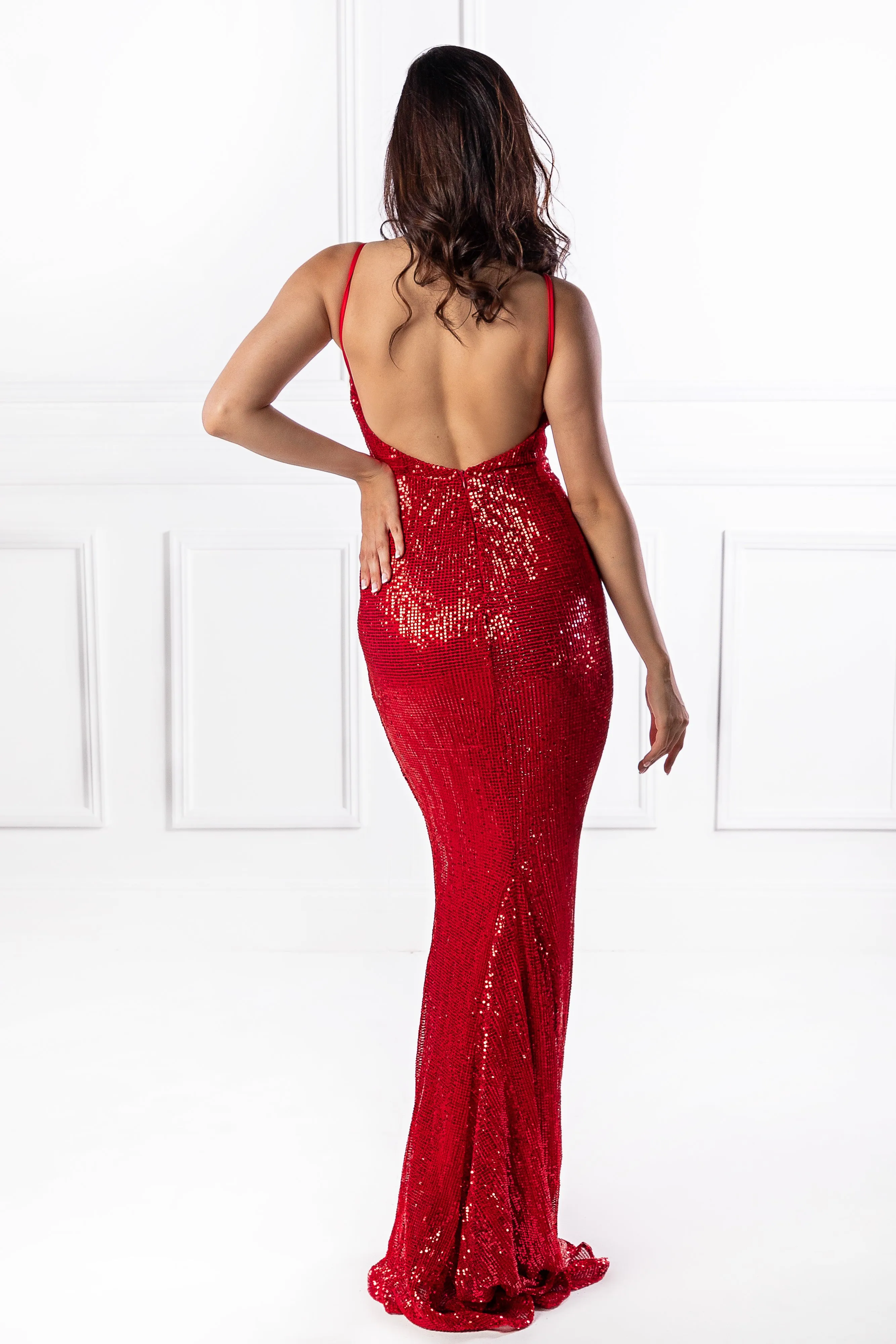 Honey Couture ROSALIE Red Low Back Sequin Formal Gown Dress