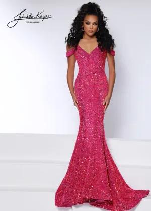 Johnathan Kayne 2678 Size 14 Magenta sequin stretch velvet gown with off shoulder straps