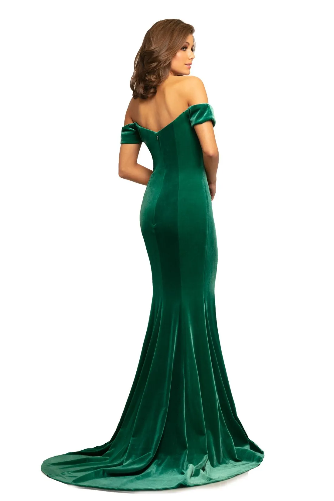 Johnathan Kayne 9227 size 12 Long Velvet Pageant Dress off the shoulder slit train