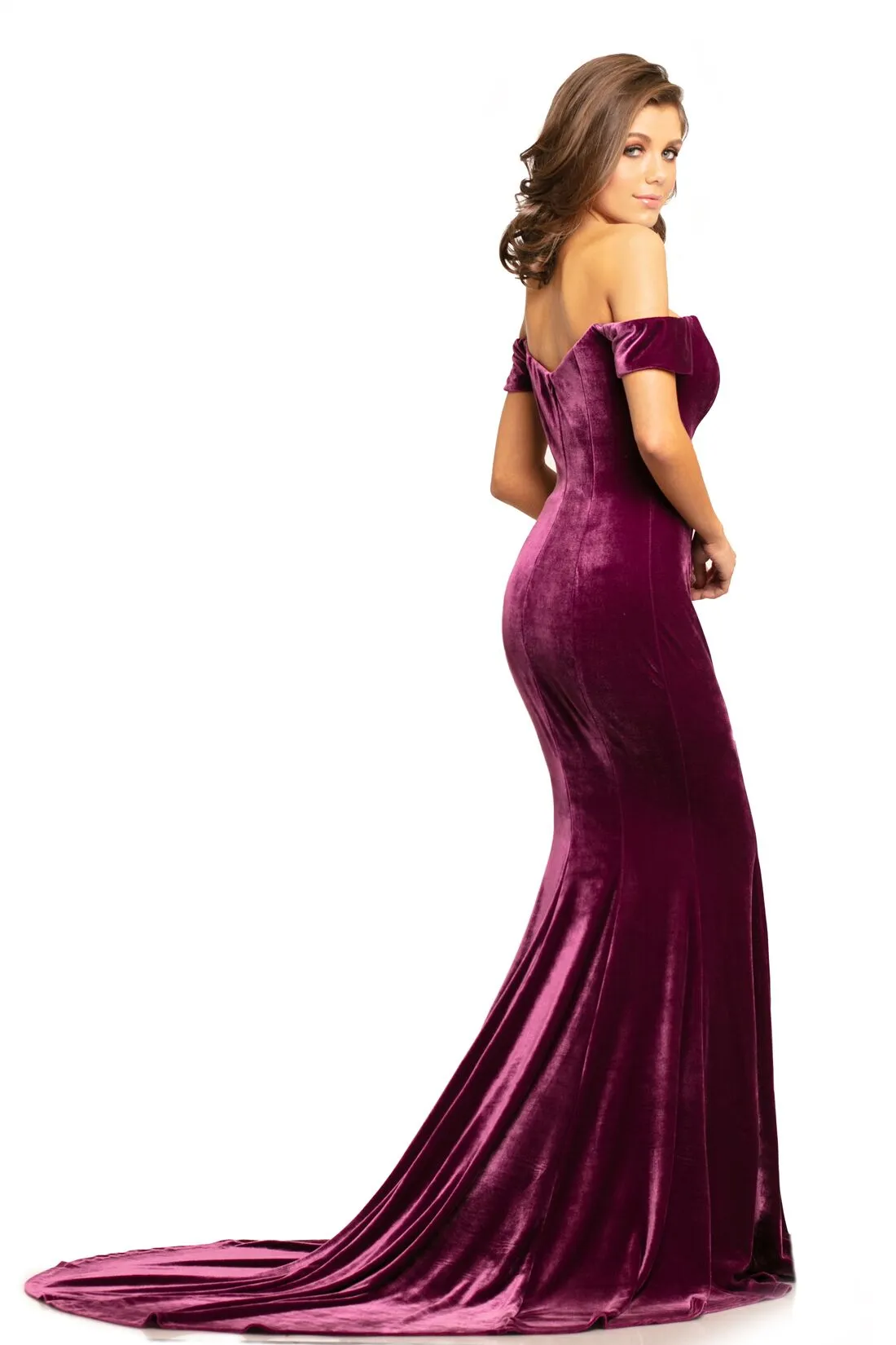 Johnathan Kayne 9227 size 12 Long Velvet Pageant Dress off the shoulder slit train