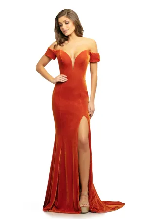 Johnathan Kayne 9227 size 12 Long Velvet Pageant Dress off the shoulder slit train