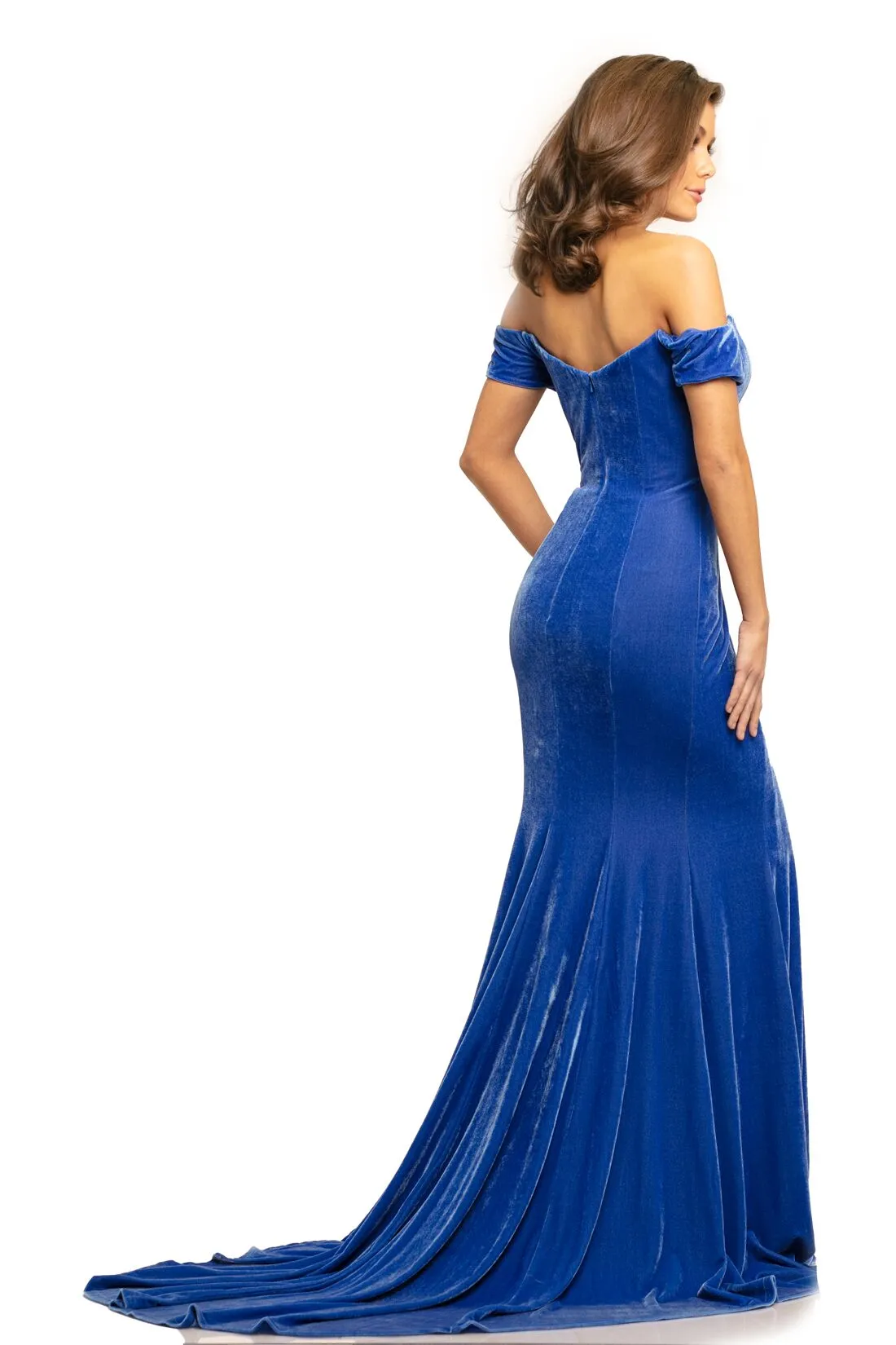 Johnathan Kayne 9227 size 12 Long Velvet Pageant Dress off the shoulder slit train