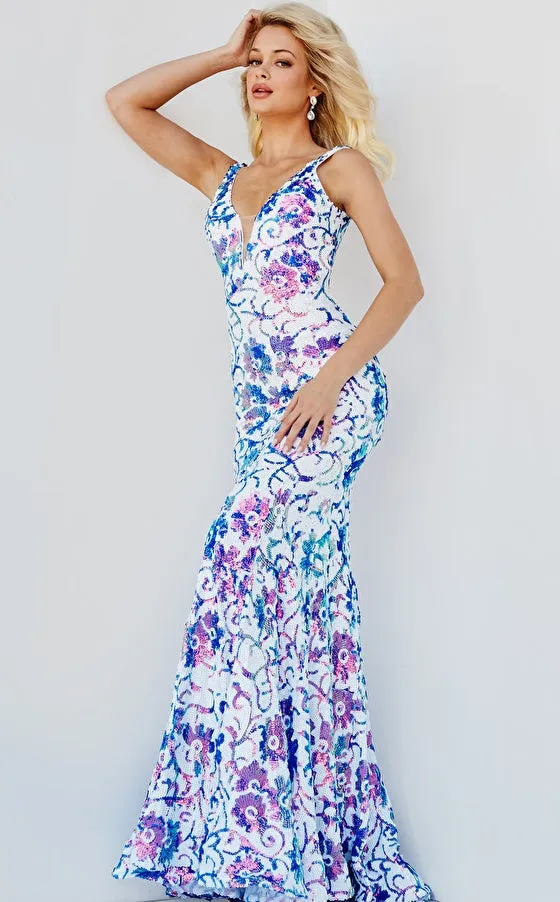 Jovani 08257 Long Mermaid Prom Pageant Gown Sequin Floral Formal Gown Iridescent