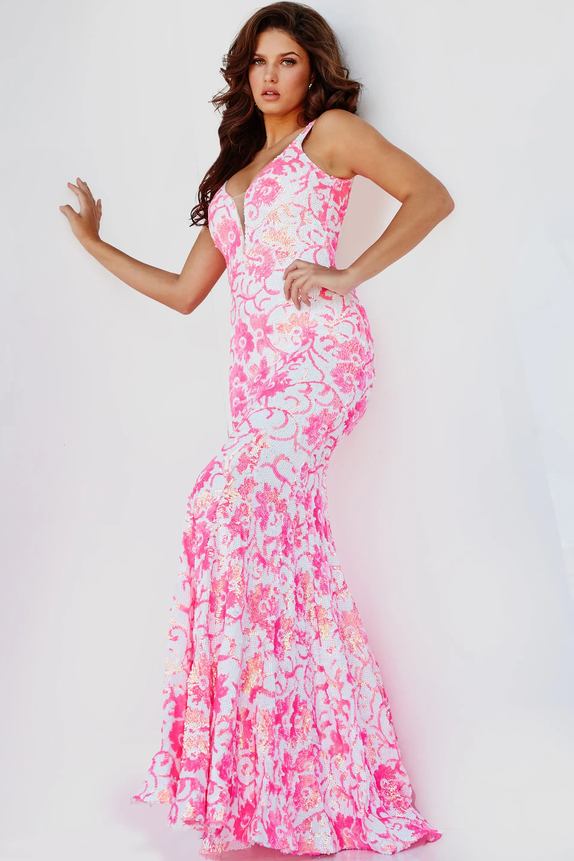 Jovani 08257 Long Mermaid Prom Pageant Gown Sequin Floral Formal Gown Iridescent