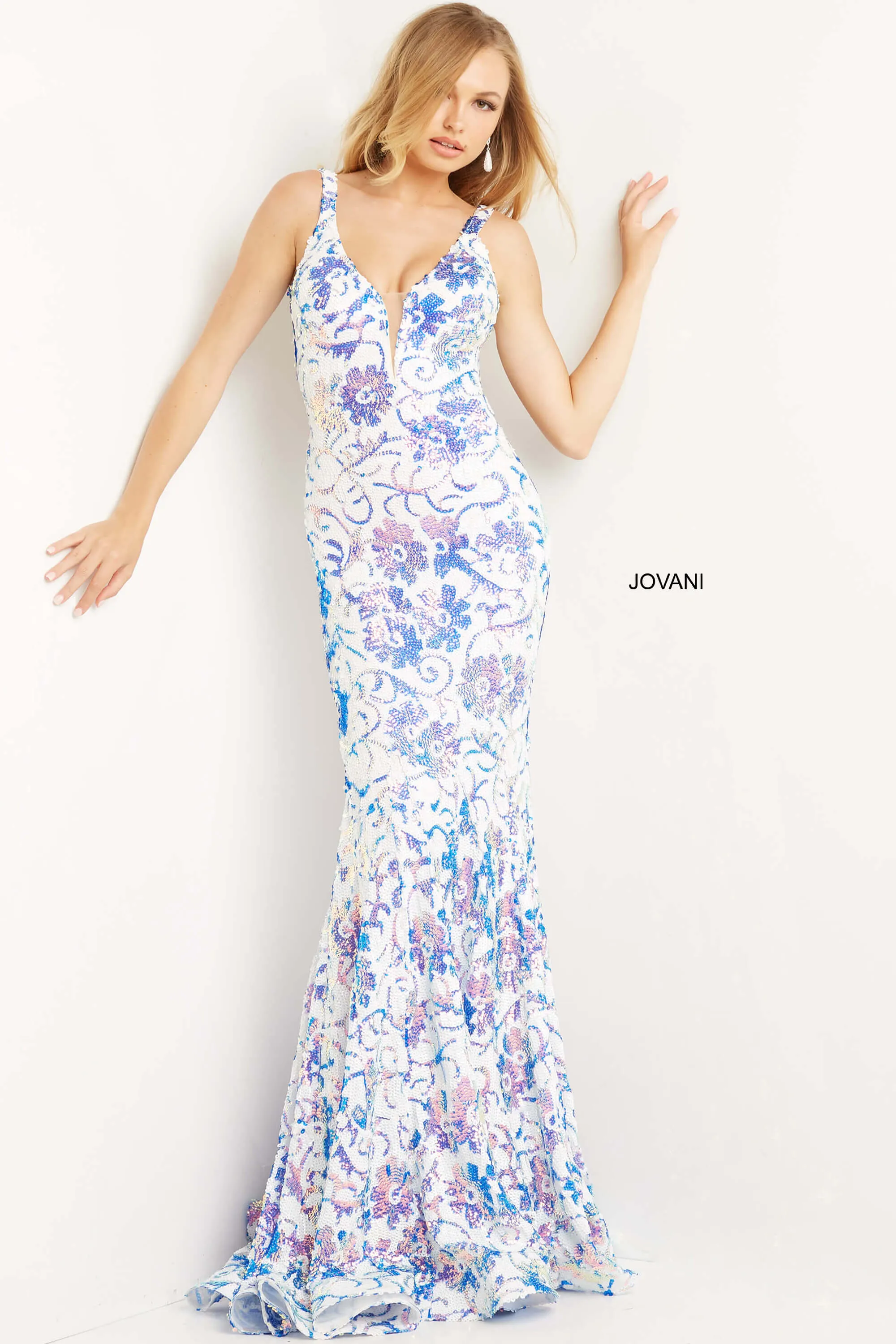 Jovani 08257 Long Mermaid Prom Pageant Gown Sequin Floral Formal Gown Iridescent
