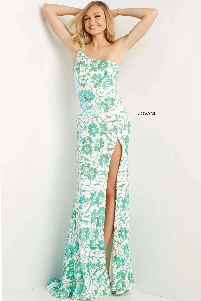 Jovani 08257 Long Mermaid Prom Pageant Gown Sequin Floral Formal Gown Iridescent