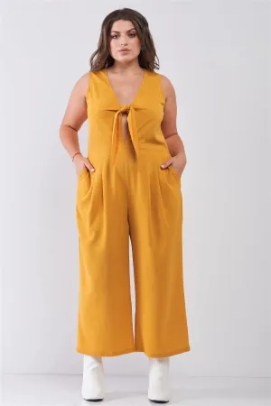 Junior Plus Size Yellow Sleeveless V-Neck Self-Tie Front Detail Wide Leg Jumpsuit /2-2-2