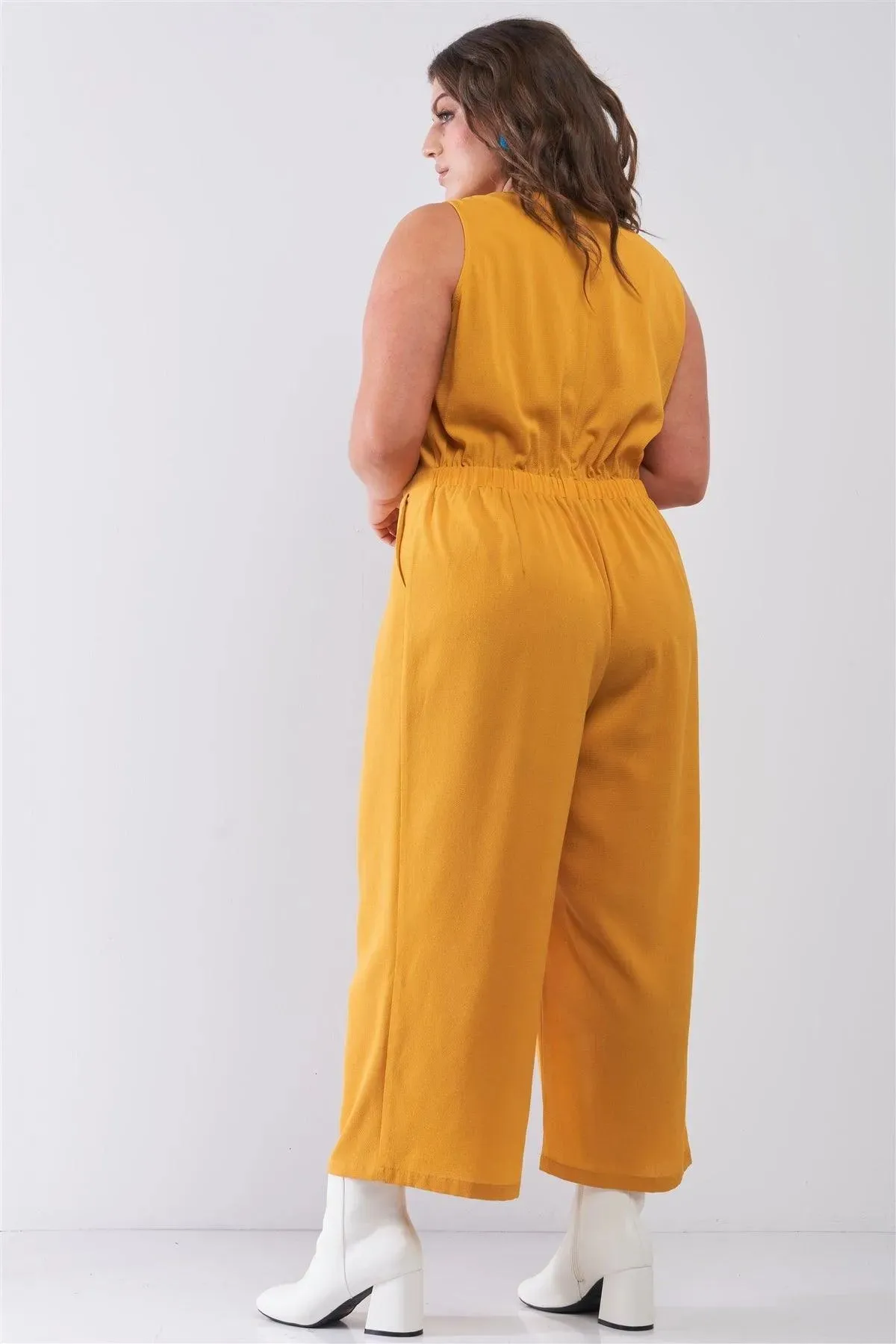 Junior Plus Size Yellow Sleeveless V-Neck Self-Tie Front Detail Wide Leg Jumpsuit /2-2-2