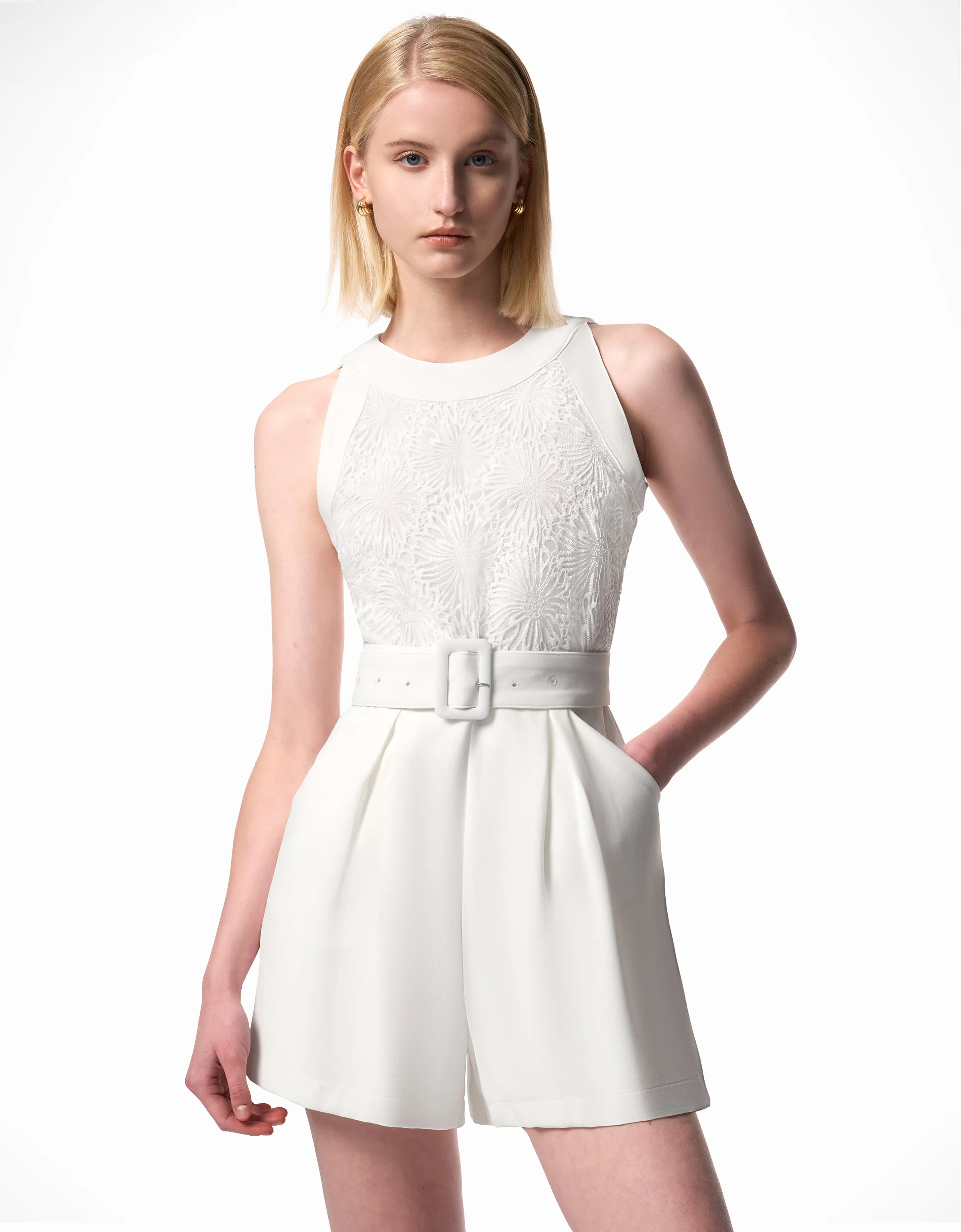 Lace Bodice Belted Romper
