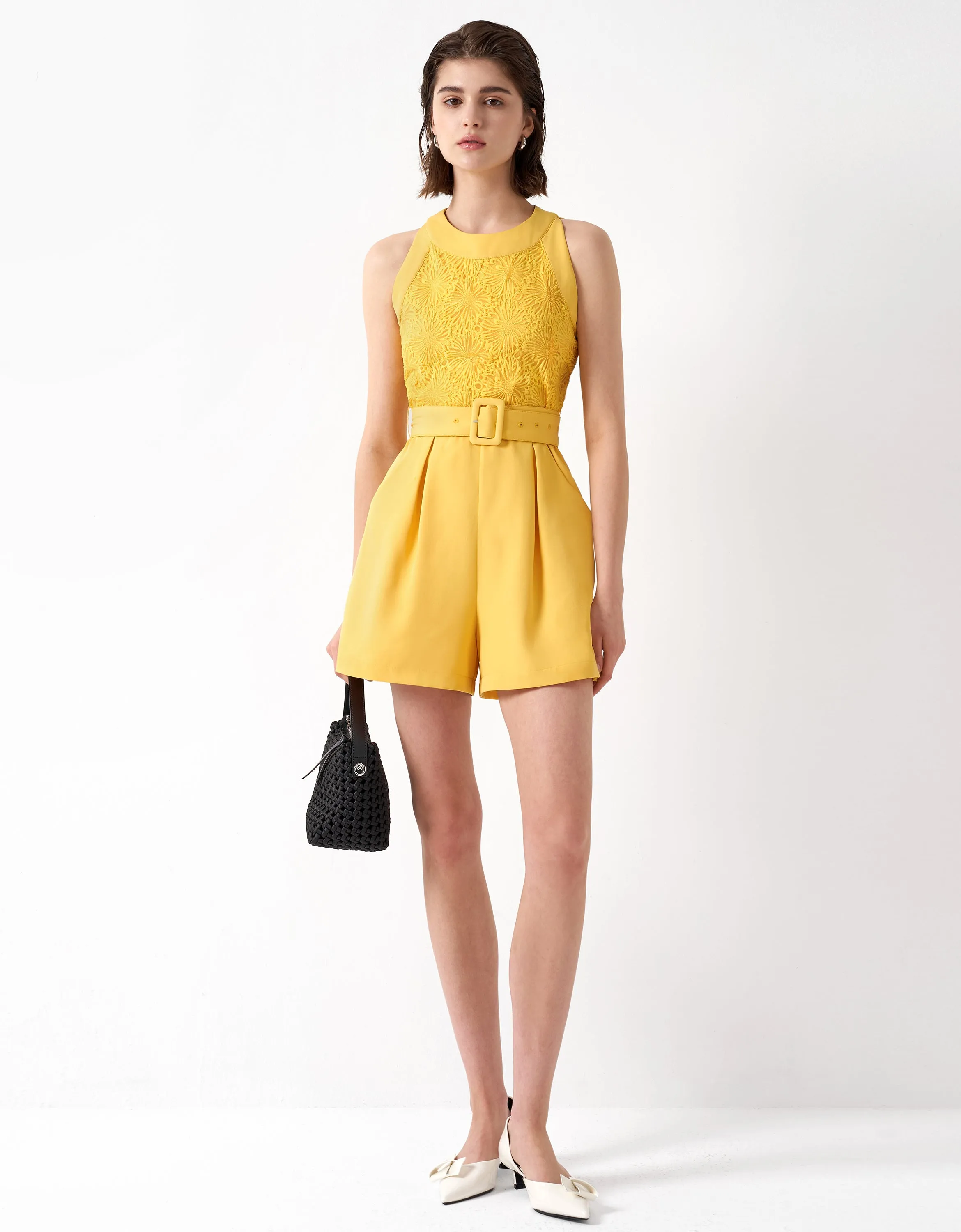 Lace Bodice Belted Romper