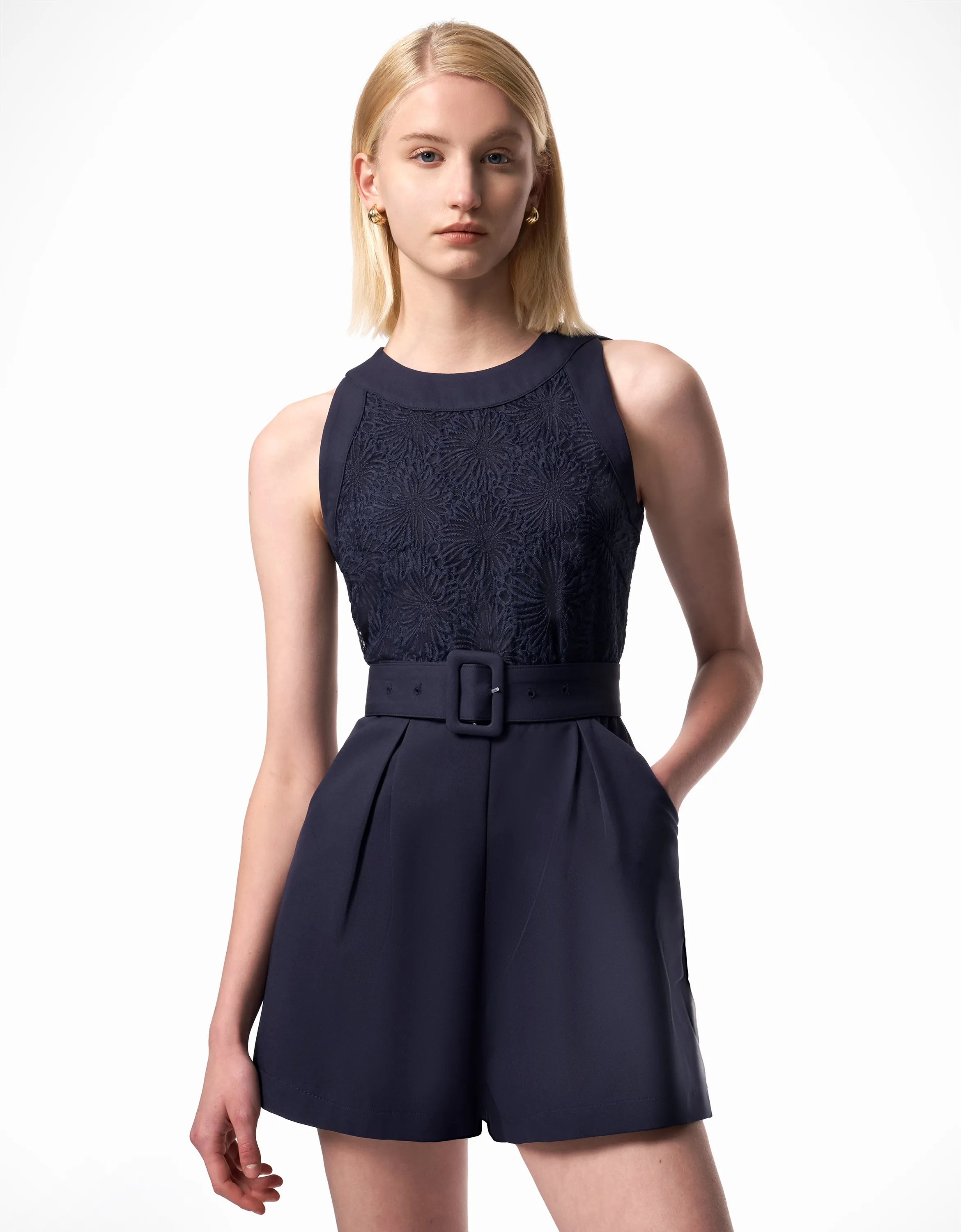 Lace Bodice Belted Romper