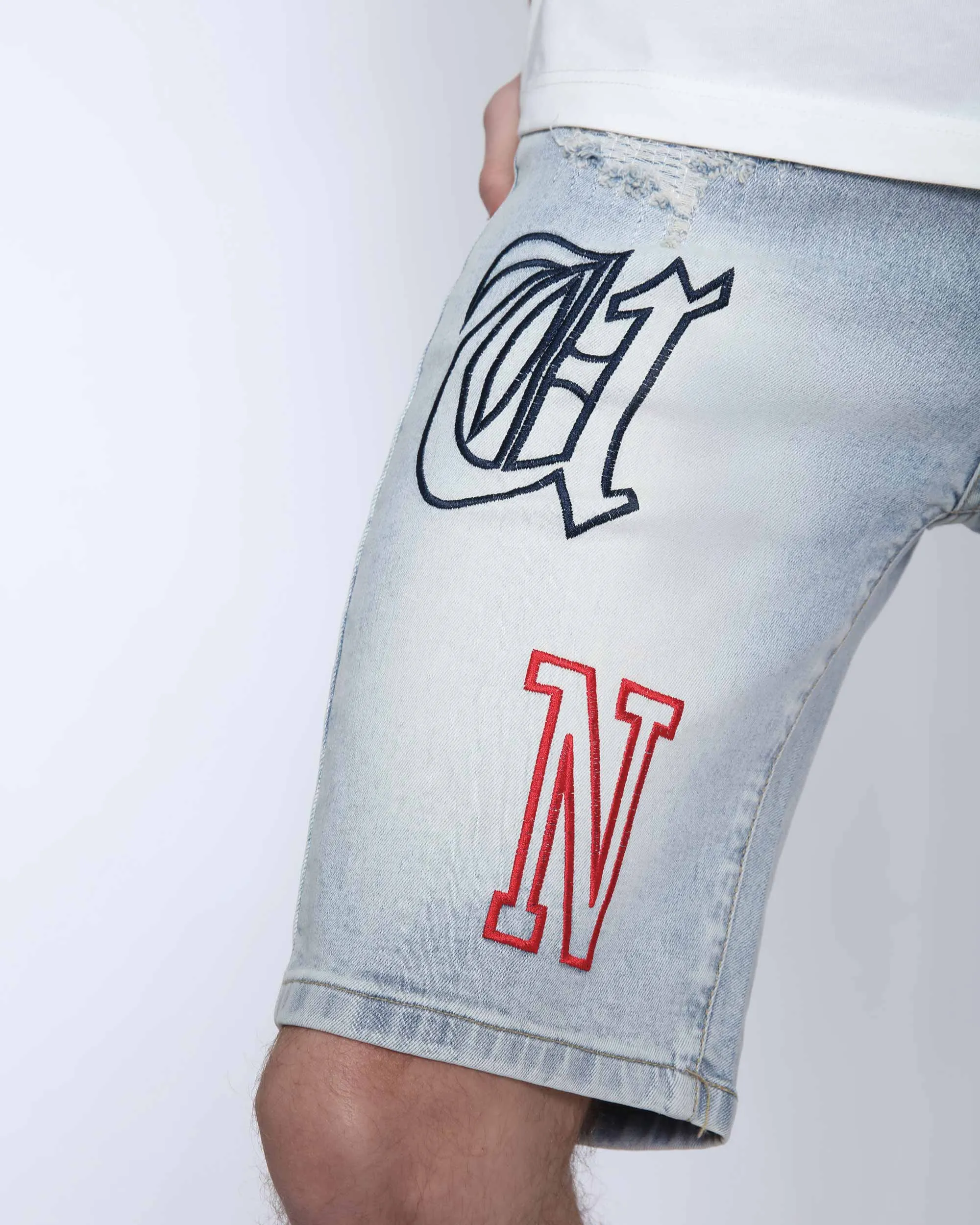 Light Wash Blue Denim Shorts with Letter Print-Mexico Local Delivery