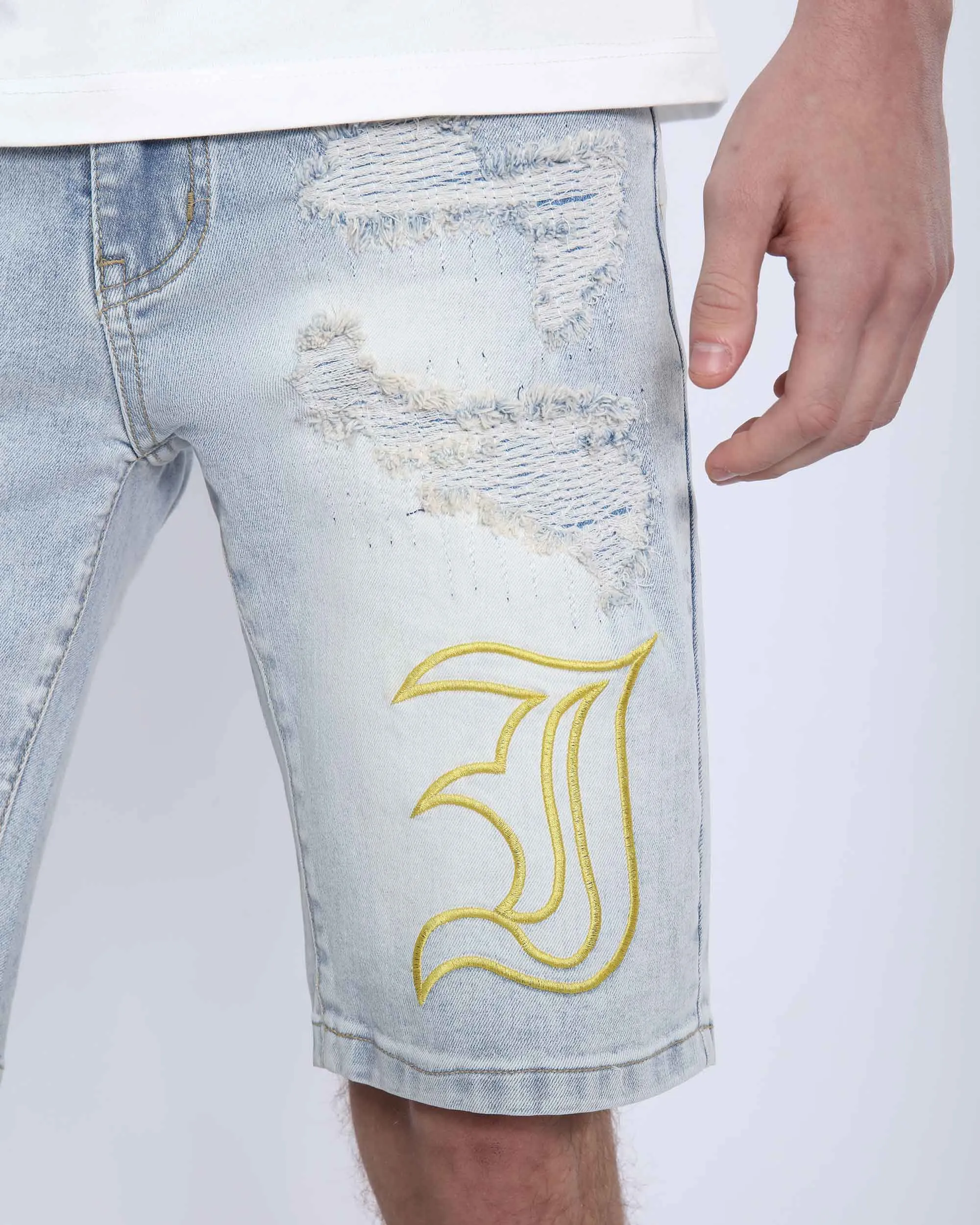 Light Wash Blue Denim Shorts with Letter Print-Mexico Local Delivery