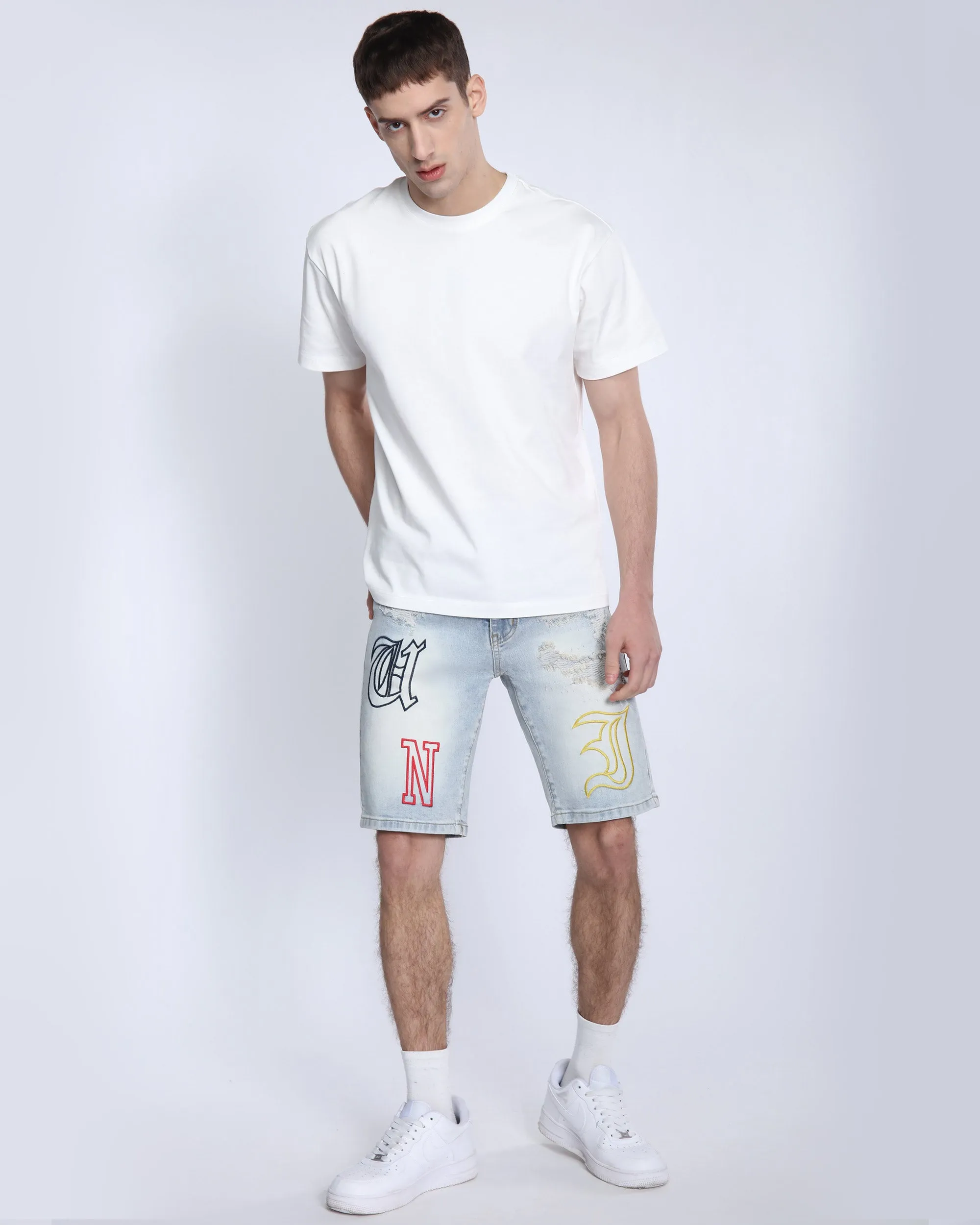 Light Wash Blue Denim Shorts with Letter Print-Mexico Local Delivery