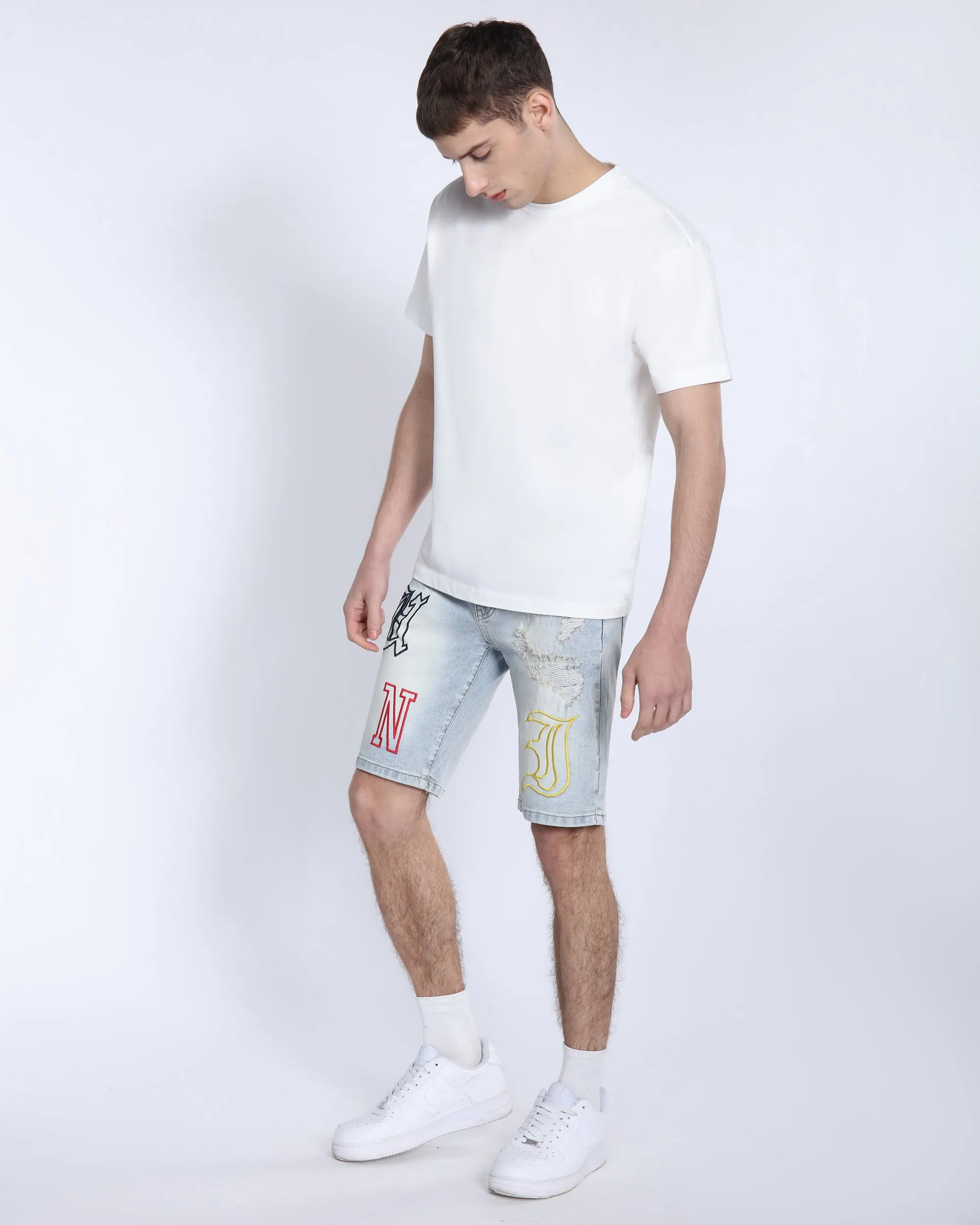 Light Wash Blue Denim Shorts with Letter Print-Mexico Local Delivery