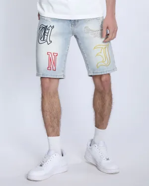 Light Wash Blue Denim Shorts with Letter Print-Mexico Local Delivery