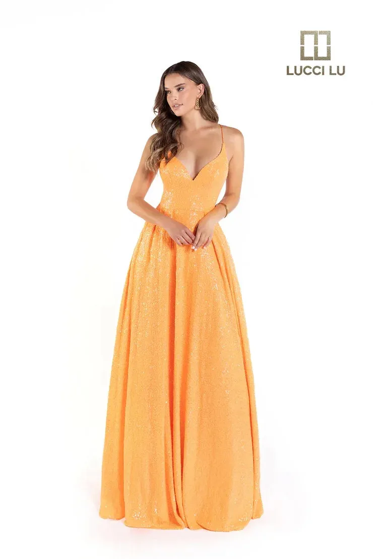 Lucci Lu 1246 Size 10 Neon Green Sequin Neon A Line Ballgown Backless Corset Prom Dress Pockets Formal Gown
