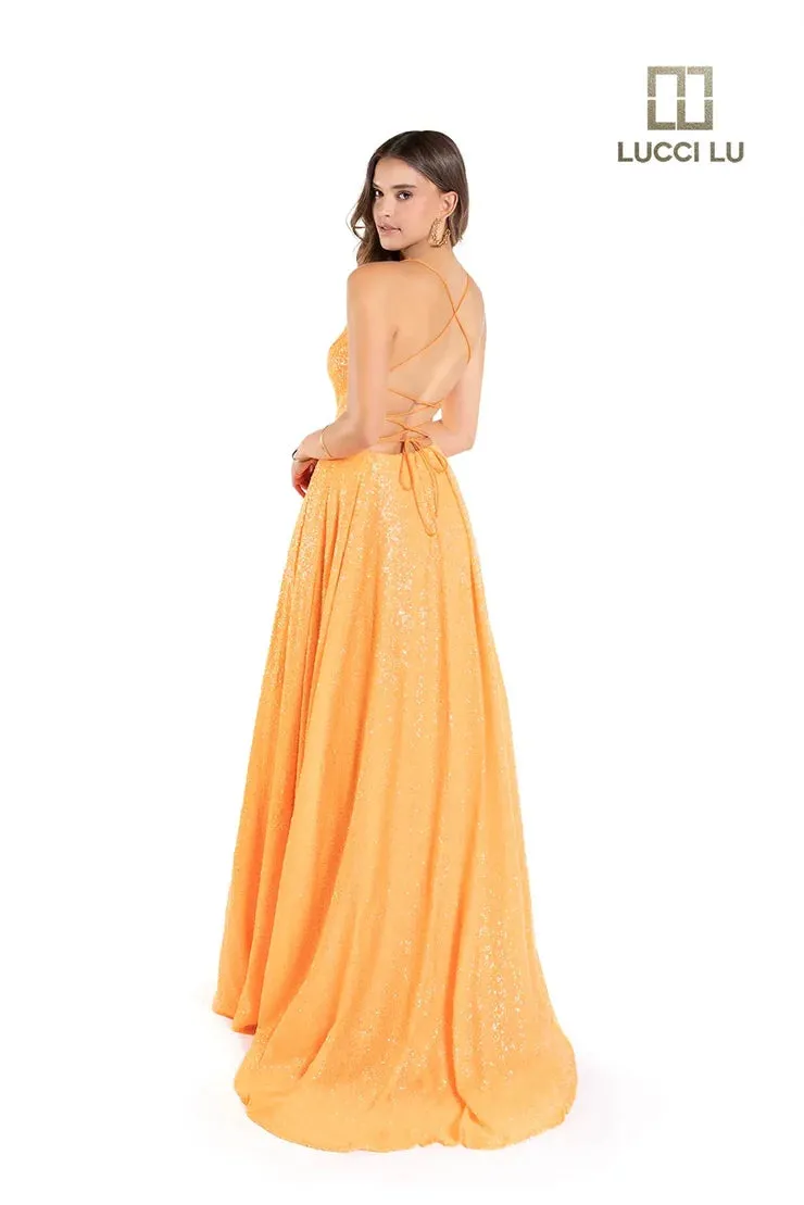 Lucci Lu 1246 Size 10 Neon Green Sequin Neon A Line Ballgown Backless Corset Prom Dress Pockets Formal Gown