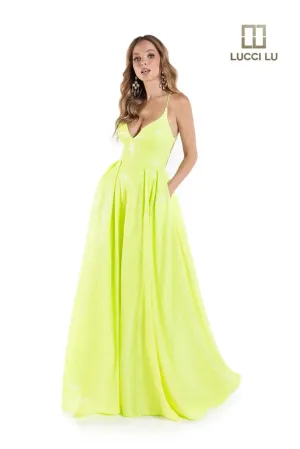 Lucci Lu 1246 Size 10 Neon Green Sequin Neon A Line Ballgown Backless Corset Prom Dress Pockets Formal Gown