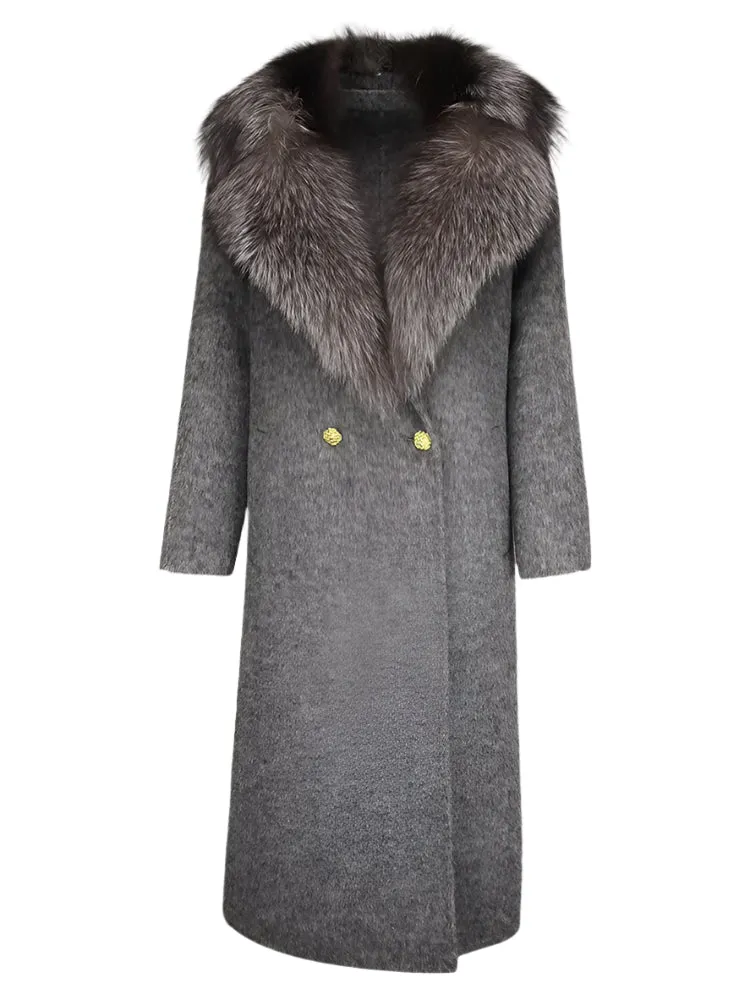 Luxurious Natural Fox Fur Collar Wool Coat for Women – 2024 Thick Warm Long Winter Jacket, Elegant Streetwear Outerwear