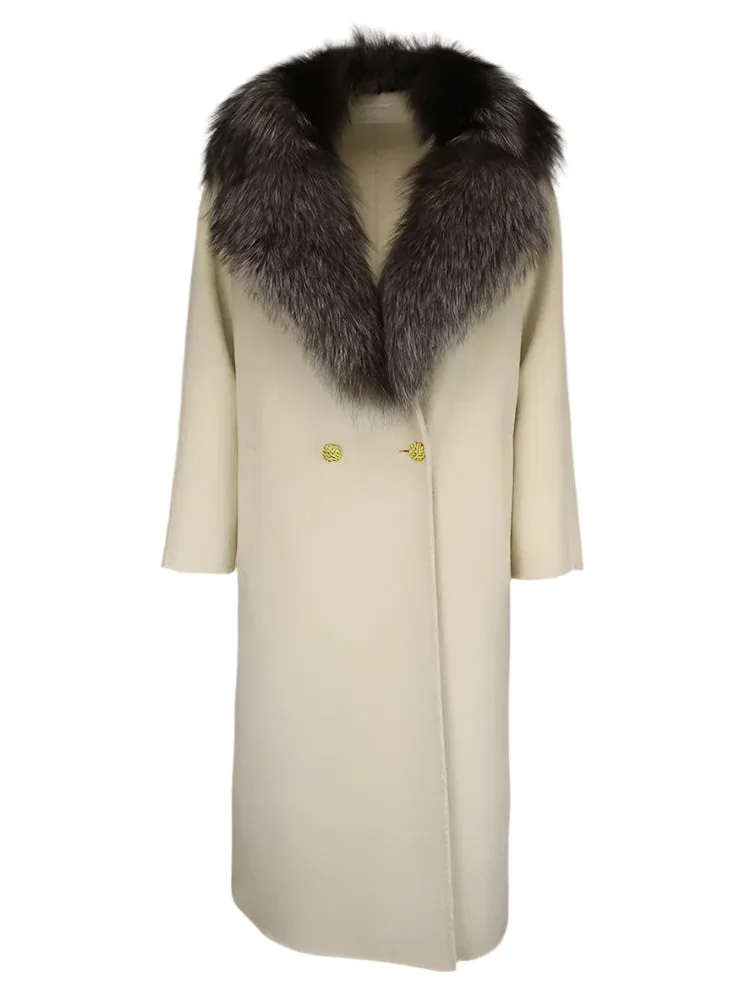 Luxurious Natural Fox Fur Collar Wool Coat for Women – 2024 Thick Warm Long Winter Jacket, Elegant Streetwear Outerwear