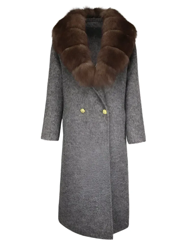 Luxurious Natural Fox Fur Collar Wool Coat for Women – 2024 Thick Warm Long Winter Jacket, Elegant Streetwear Outerwear