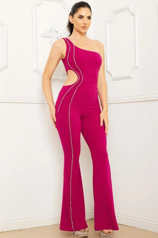 Magenta Rhinestone Trim One Shoulder Jumpsuit