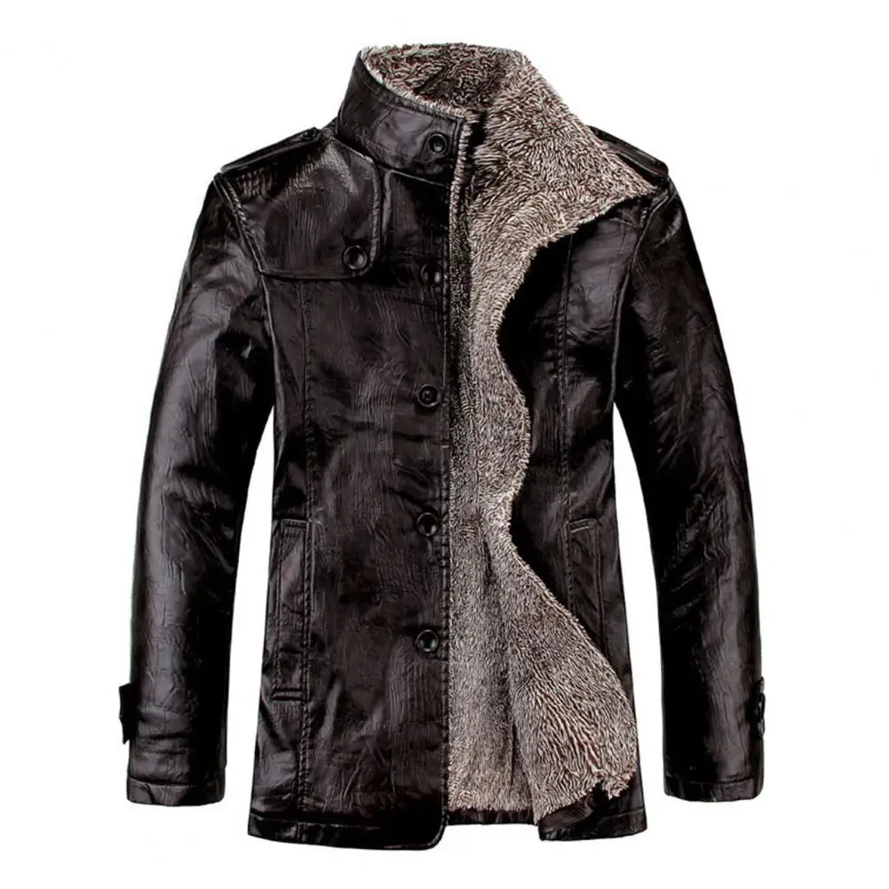 Men Coat Plush Faux Leather Winter Jacket for Daily Wear