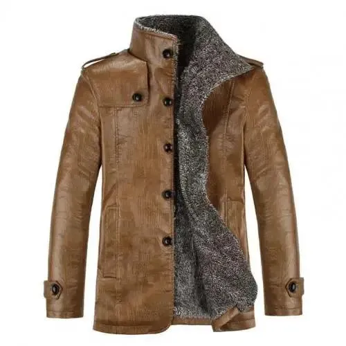 Men Coat Plush Faux Leather Winter Jacket for Daily Wear