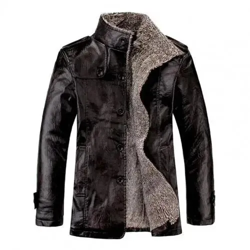 Men Coat Plush Faux Leather Winter Jacket for Daily Wear