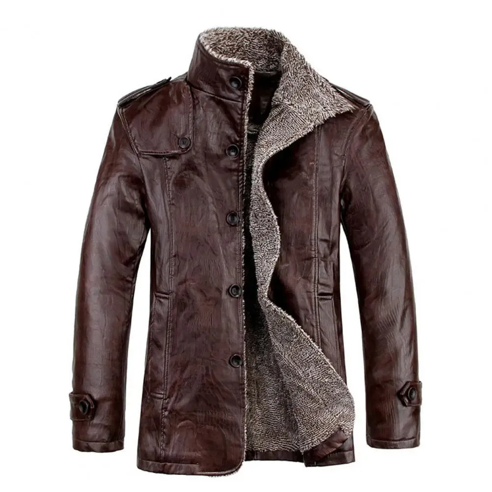 Men Coat Plush Faux Leather Winter Jacket for Daily Wear