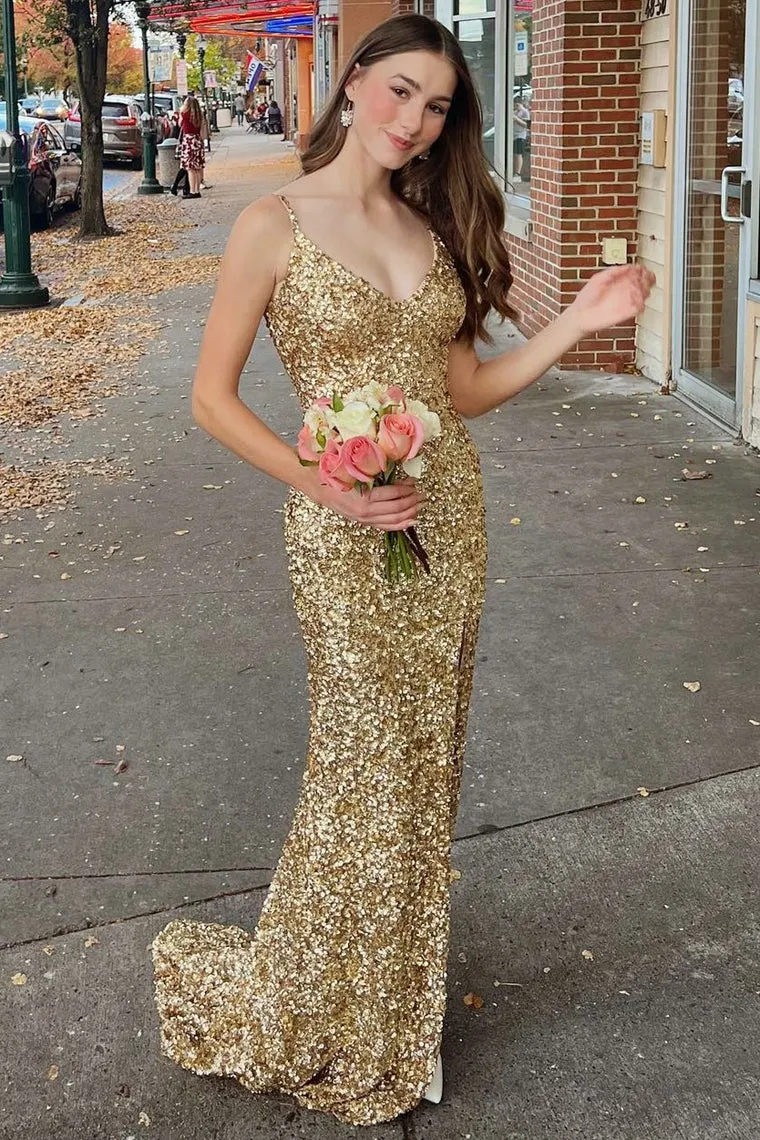 Mermaid Gold Sequin Formal Dress Long V-Neck Grad Dress Backless