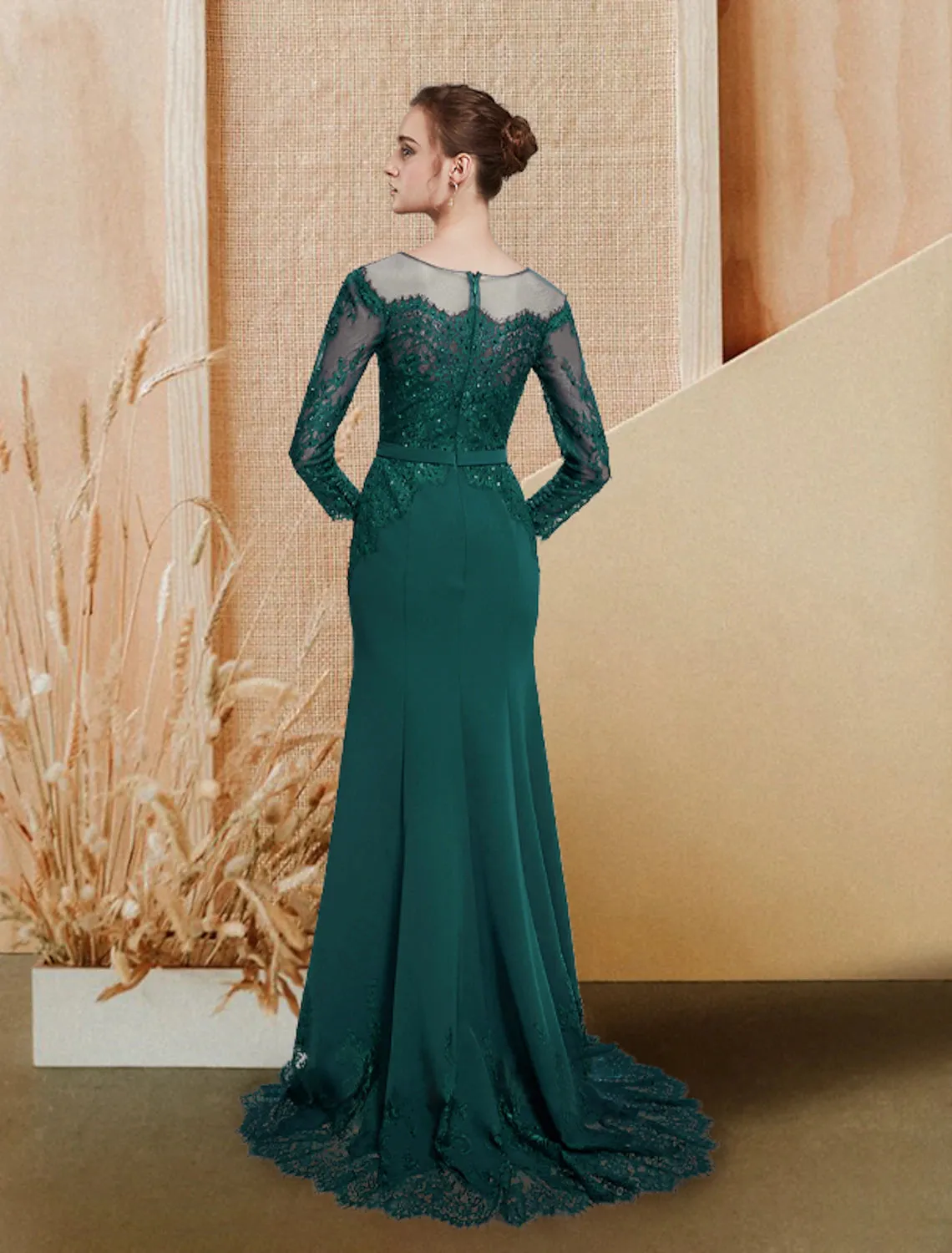 Mermaid / Trumpet Evening Gown Luxurious Dress Wedding Guest Engagement Sweep / Brush Train Long Sleeve Jewel Neck Chiffon with Bow(s) Sequin Appliques