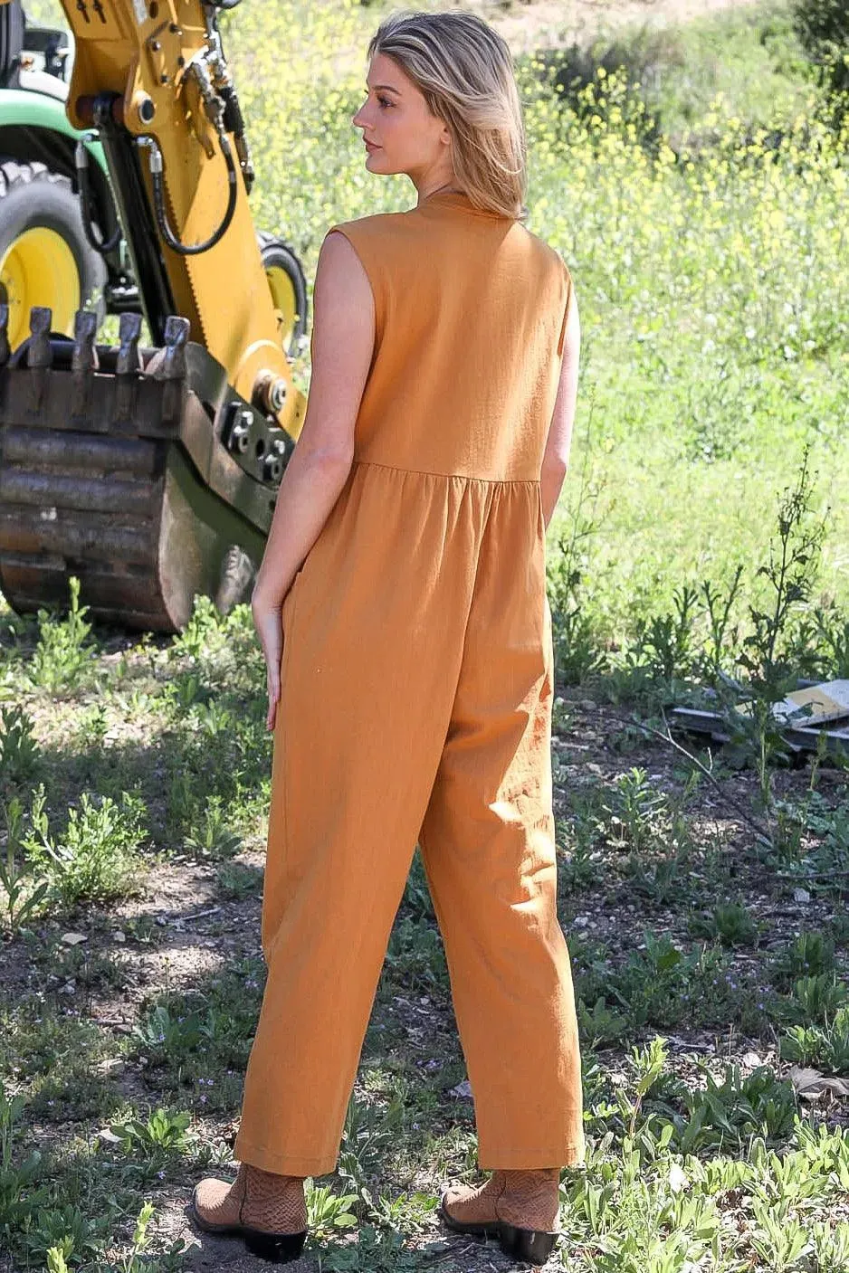 Mustard Cotton Front Button Up Detail Sleeveless Jumpsuit /2-2-2
