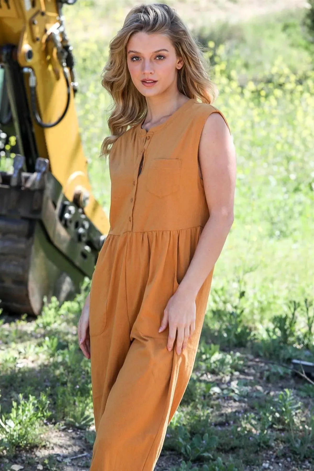 Mustard Cotton Front Button Up Detail Sleeveless Jumpsuit /2-2-2