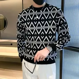 New Fusion Autumn Winter Men's Knitted Sweater Casual Loose Fit n Trendy Warm  Neck Base Layer Wool Top