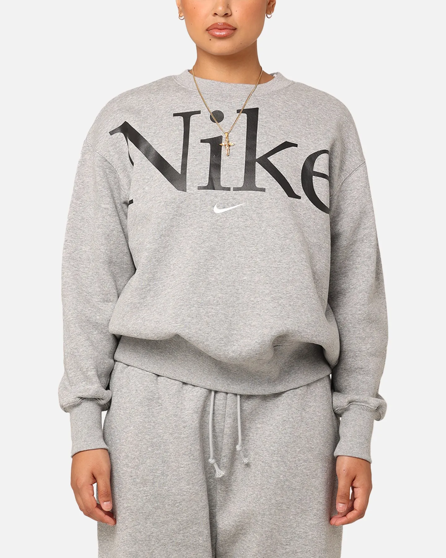 Nike Women's Sportswear Phoenix Fleece Oversized Logo Crewneck Dark Grey Heather