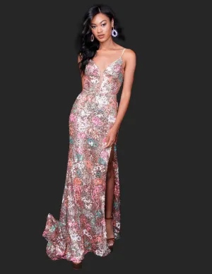 Nina Canacci 2393 Size 4, 8 Gold Sequin Floral Prom Dress Backless Formal Guest Evening Gown Fitted V Neck