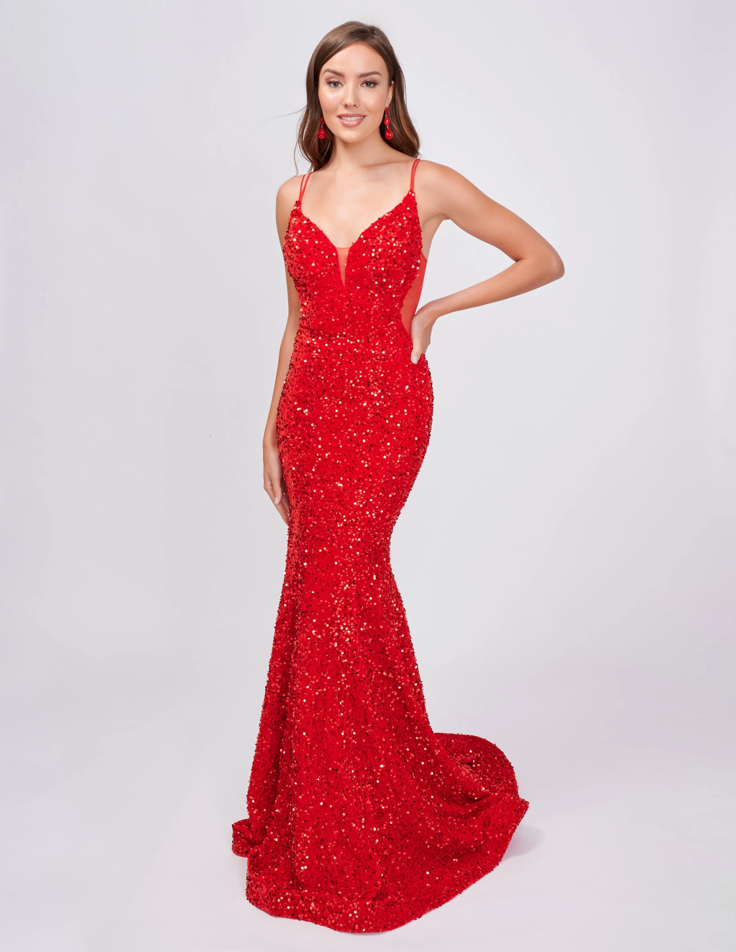 Nina Canacci 4420 Size 2, 4 Emerald Velvet Sequin Mermaid Prom Dress Formal Evening Gown Sheer V Neck