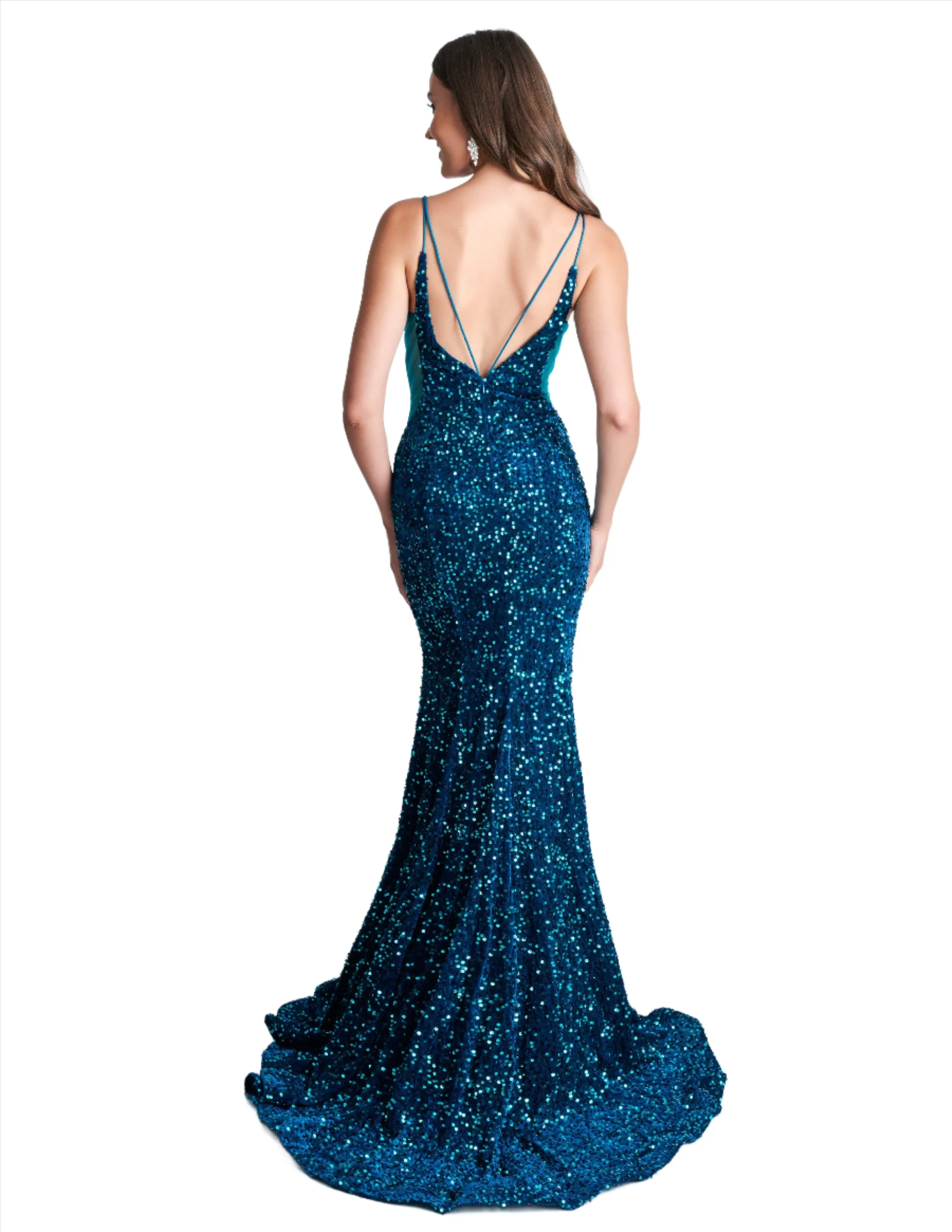 Nina Canacci 4420 Size 2, 4 Emerald Velvet Sequin Mermaid Prom Dress Formal Evening Gown Sheer V Neck